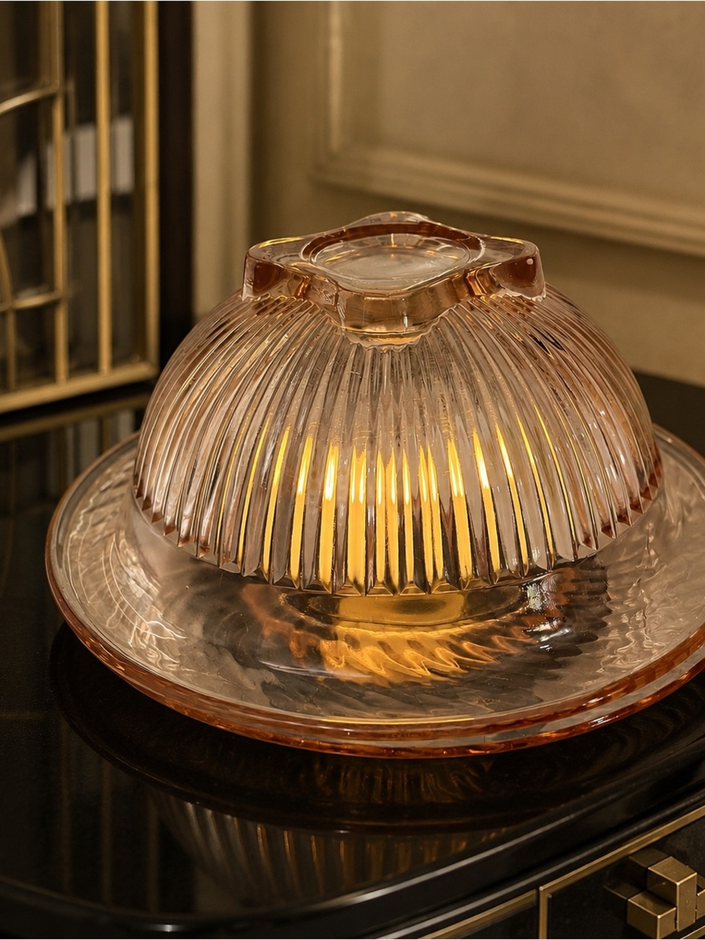 Vintage Pink Depression Glass Ribbed Bowl & Plate Fairy Lamp